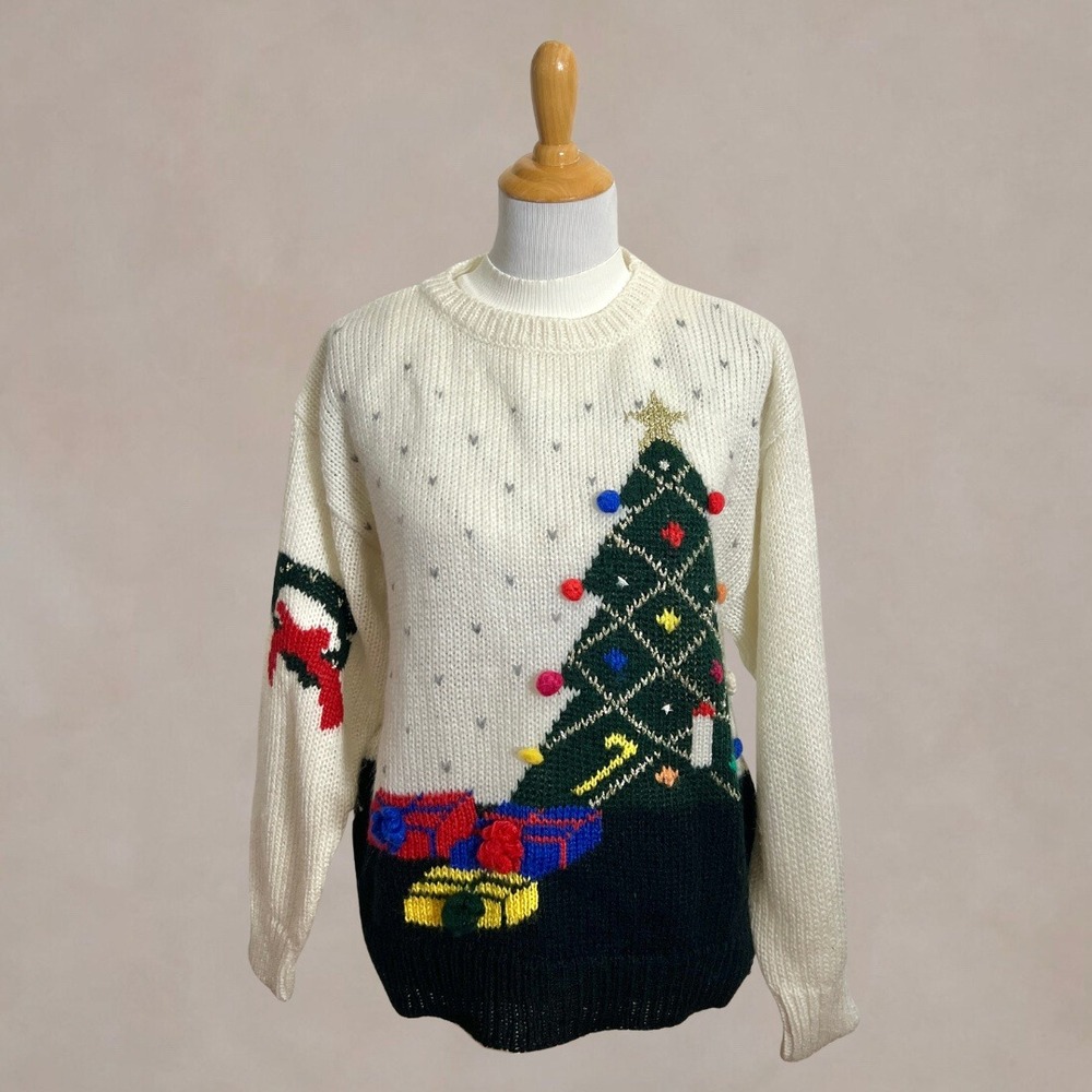 Vintage 90s Fetagetti Christmas Sweater 3D Tree Pom Pom Holiday Knit Womens M